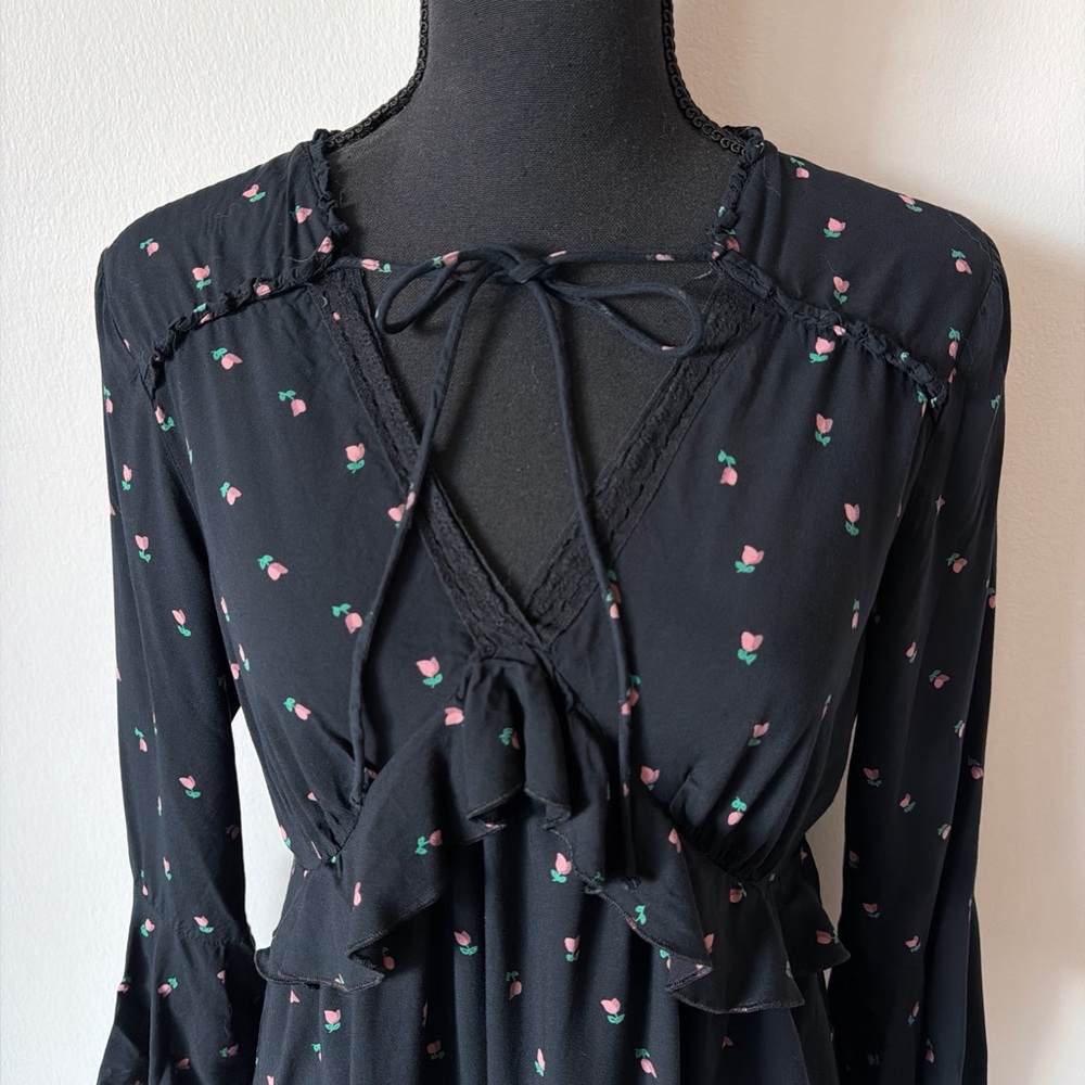 LOFT Black Midi Dress with Pink Floral Print